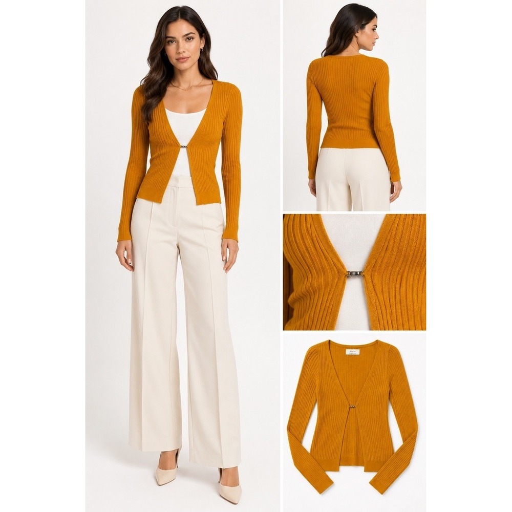 Atoir Women's Lori Top US 2 Mustard Yellow Ribbed Knit Bar Closure Cardigan